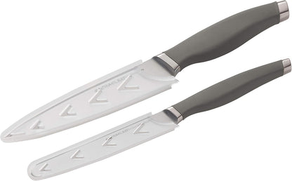 Rachael Ray Cutlery Japanese Stainless Steel Knives Set with Sheaths, 8-Inch Chef Knife, 5-Inch Santoku Knife, and 3.5-Inch Paring Knife, Gray