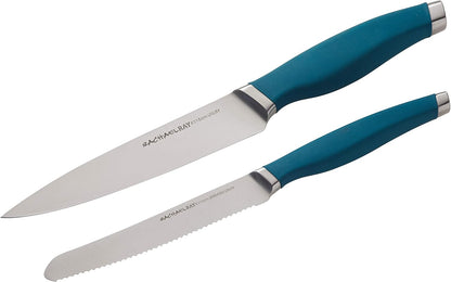 Rachael Ray Cutlery Japanese Stainless Steel Knives Set with Sheaths, 8-Inch Chef Knife, 5-Inch Santoku Knife, and 3.5-Inch Paring Knife, Gray