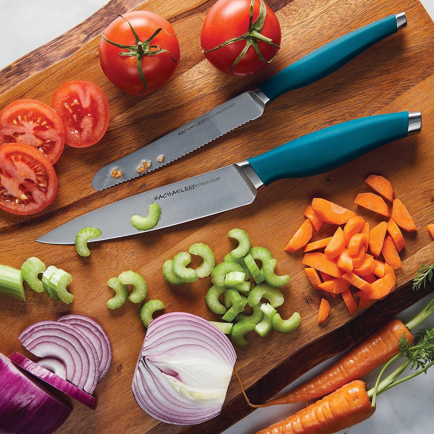 Rachael Ray Cutlery Japanese Stainless Steel Knives Set with Sheaths, 8-Inch Chef Knife, 5-Inch Santoku Knife, and 3.5-Inch Paring Knife, Gray