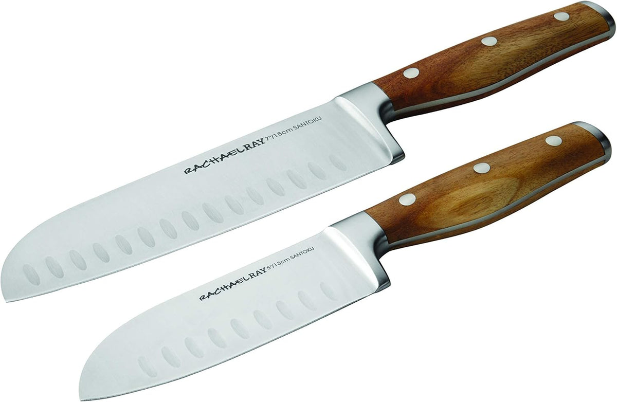 Rachael Ray Cutlery Japanese Stainless Steel Knives Set with Sheaths, 8-Inch Chef Knife, 5-Inch Santoku Knife, and 3.5-Inch Paring Knife, Gray