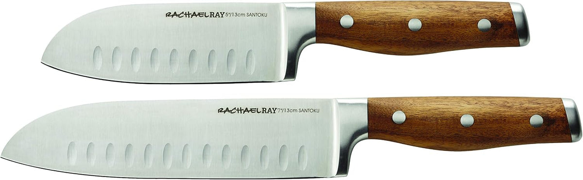 Rachael Ray Cutlery Japanese Stainless Steel Knives Set with Sheaths, 8-Inch Chef Knife, 5-Inch Santoku Knife, and 3.5-Inch Paring Knife, Gray