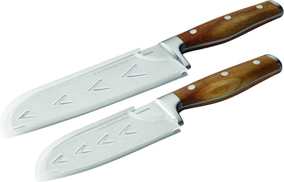 Rachael Ray Cutlery Japanese Stainless Steel Knives Set with Sheaths, 8-Inch Chef Knife, 5-Inch Santoku Knife, and 3.5-Inch Paring Knife, Gray