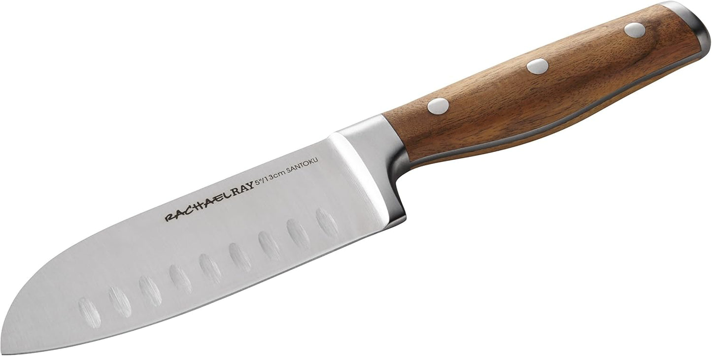 Rachael Ray Cutlery Japanese Stainless Steel Knives Set with Sheaths, 8-Inch Chef Knife, 5-Inch Santoku Knife, and 3.5-Inch Paring Knife, Gray