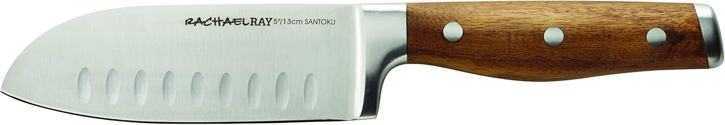 Rachael Ray Cutlery Japanese Stainless Steel Knives Set with Sheaths, 8-Inch Chef Knife, 5-Inch Santoku Knife, and 3.5-Inch Paring Knife, Gray