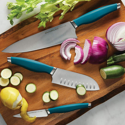Rachael Ray Cutlery Japanese Stainless Steel Knives Set with Sheaths, 8-Inch Chef Knife, 5-Inch Santoku Knife, and 3.5-Inch Paring Knife, Gray