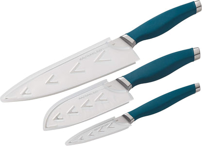 Rachael Ray Cutlery Japanese Stainless Steel Knives Set with Sheaths, 8-Inch Chef Knife, 5-Inch Santoku Knife, and 3.5-Inch Paring Knife, Gray