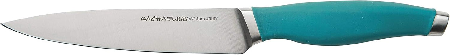 Rachael Ray Cutlery Japanese Stainless Steel Knives Set with Sheaths, 8-Inch Chef Knife, 5-Inch Santoku Knife, and 3.5-Inch Paring Knife, Gray