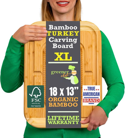 18 Inch Extra Large Organic Turkey Carving Board with Lifetime Replacements - XL Wooden Butcher Block Meat Cutting Board with Pour Spout - Thanksgiving Cooking Essentials