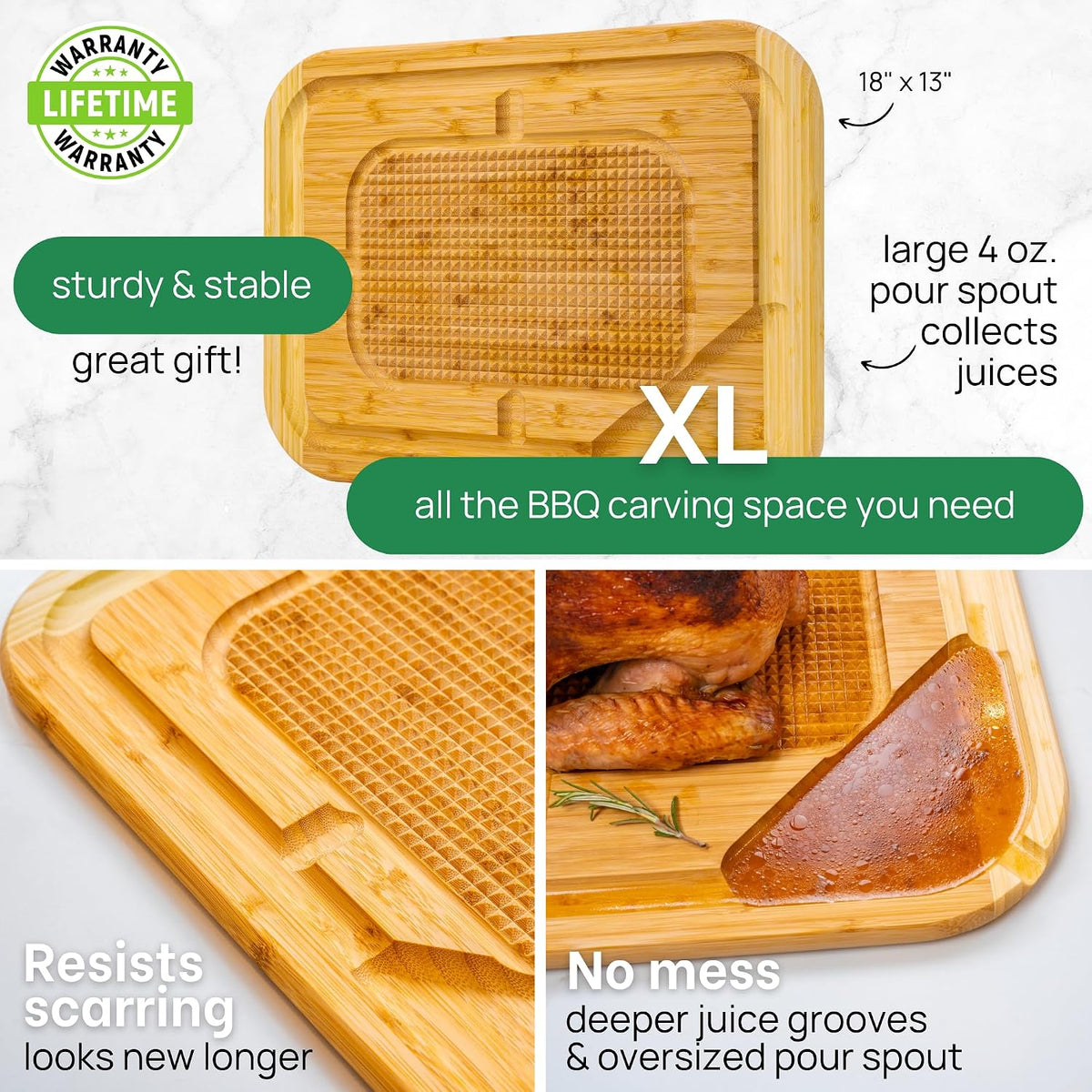 18 Inch Extra Large Organic Turkey Carving Board with Lifetime Replacements - XL Wooden Butcher Block Meat Cutting Board with Pour Spout - Thanksgiving Cooking Essentials