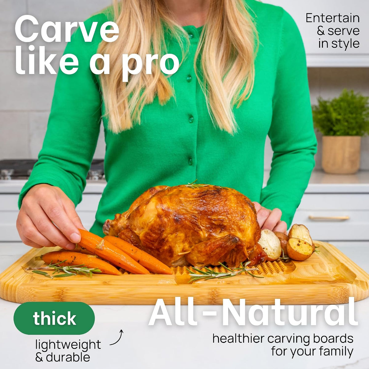 18 Inch Extra Large Organic Turkey Carving Board with Lifetime Replacements - XL Wooden Butcher Block Meat Cutting Board with Pour Spout - Thanksgiving Cooking Essentials