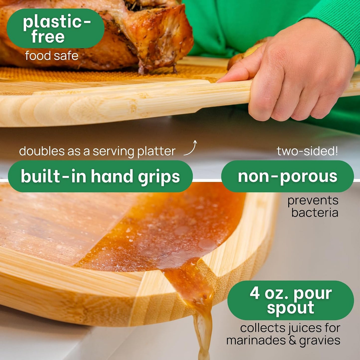 18 Inch Extra Large Organic Turkey Carving Board with Lifetime Replacements - XL Wooden Butcher Block Meat Cutting Board with Pour Spout - Thanksgiving Cooking Essentials