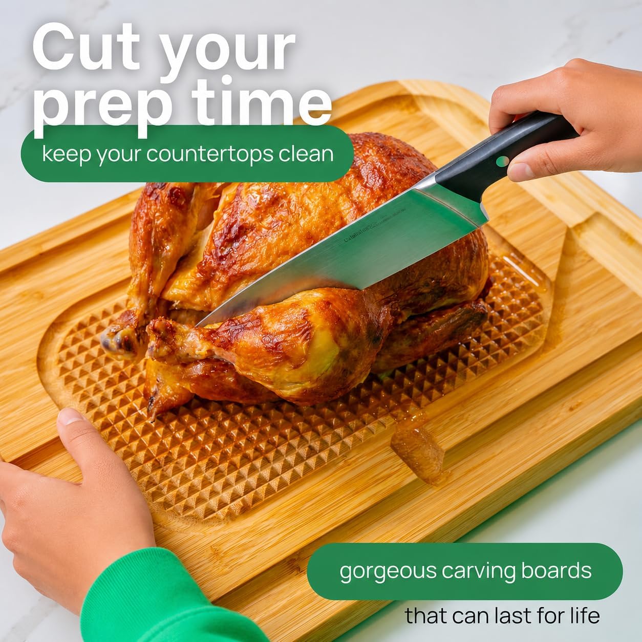 18 Inch Extra Large Organic Turkey Carving Board with Lifetime Replacements - XL Wooden Butcher Block Meat Cutting Board with Pour Spout - Thanksgiving Cooking Essentials