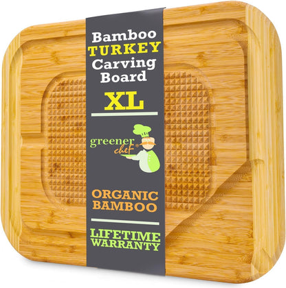 18 Inch Extra Large Organic Turkey Carving Board with Lifetime Replacements - XL Wooden Butcher Block Meat Cutting Board with Pour Spout - Thanksgiving Cooking Essentials