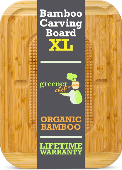 18 Inch Extra Large Organic Turkey Carving Board with Lifetime Replacements - XL Wooden Butcher Block Meat Cutting Board with Pour Spout - Thanksgiving Cooking Essentials