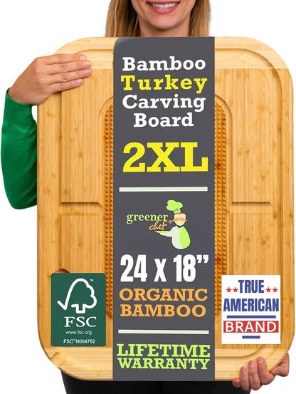 18 Inch Extra Large Organic Turkey Carving Board with Lifetime Replacements - XL Wooden Butcher Block Meat Cutting Board with Pour Spout - Thanksgiving Cooking Essentials