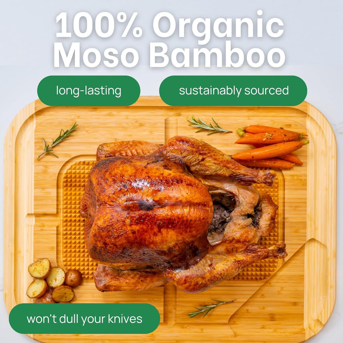 18 Inch Extra Large Organic Turkey Carving Board with Lifetime Replacements - XL Wooden Butcher Block Meat Cutting Board with Pour Spout - Thanksgiving Cooking Essentials