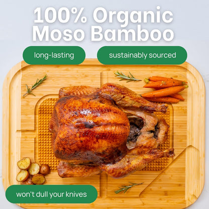 18 Inch Extra Large Organic Turkey Carving Board with Lifetime Replacements - XL Wooden Butcher Block Meat Cutting Board with Pour Spout - Thanksgiving Cooking Essentials