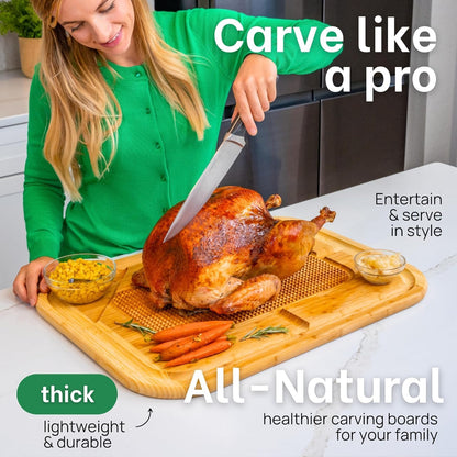 18 Inch Extra Large Organic Turkey Carving Board with Lifetime Replacements - XL Wooden Butcher Block Meat Cutting Board with Pour Spout - Thanksgiving Cooking Essentials