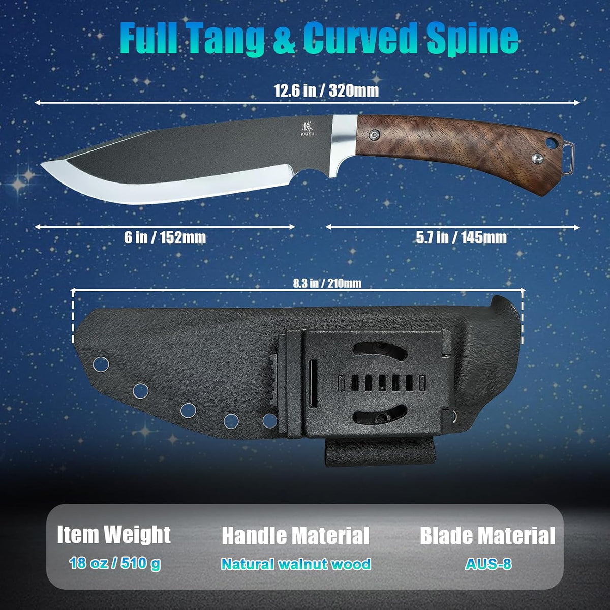 Fixed Blade Bushcraft Knife with Sheath,12.6'' Full Tang Tactical Bowie Knife for Camping Hunting G10 Handle,Outdoor Survival Knives for Men EDC AUS-8 Steel Blade Hiking