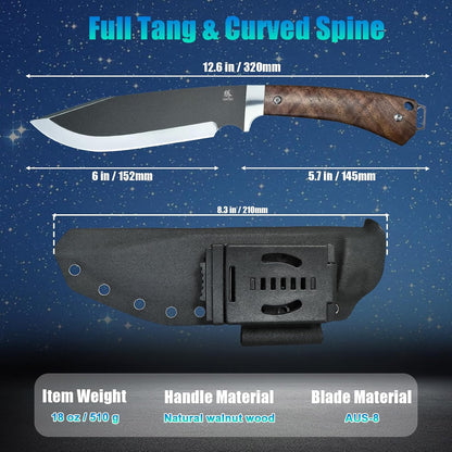 Fixed Blade Bushcraft Knife with Sheath,12.6'' Full Tang Tactical Bowie Knife for Camping Hunting G10 Handle,Outdoor Survival Knives for Men EDC AUS-8 Steel Blade Hiking