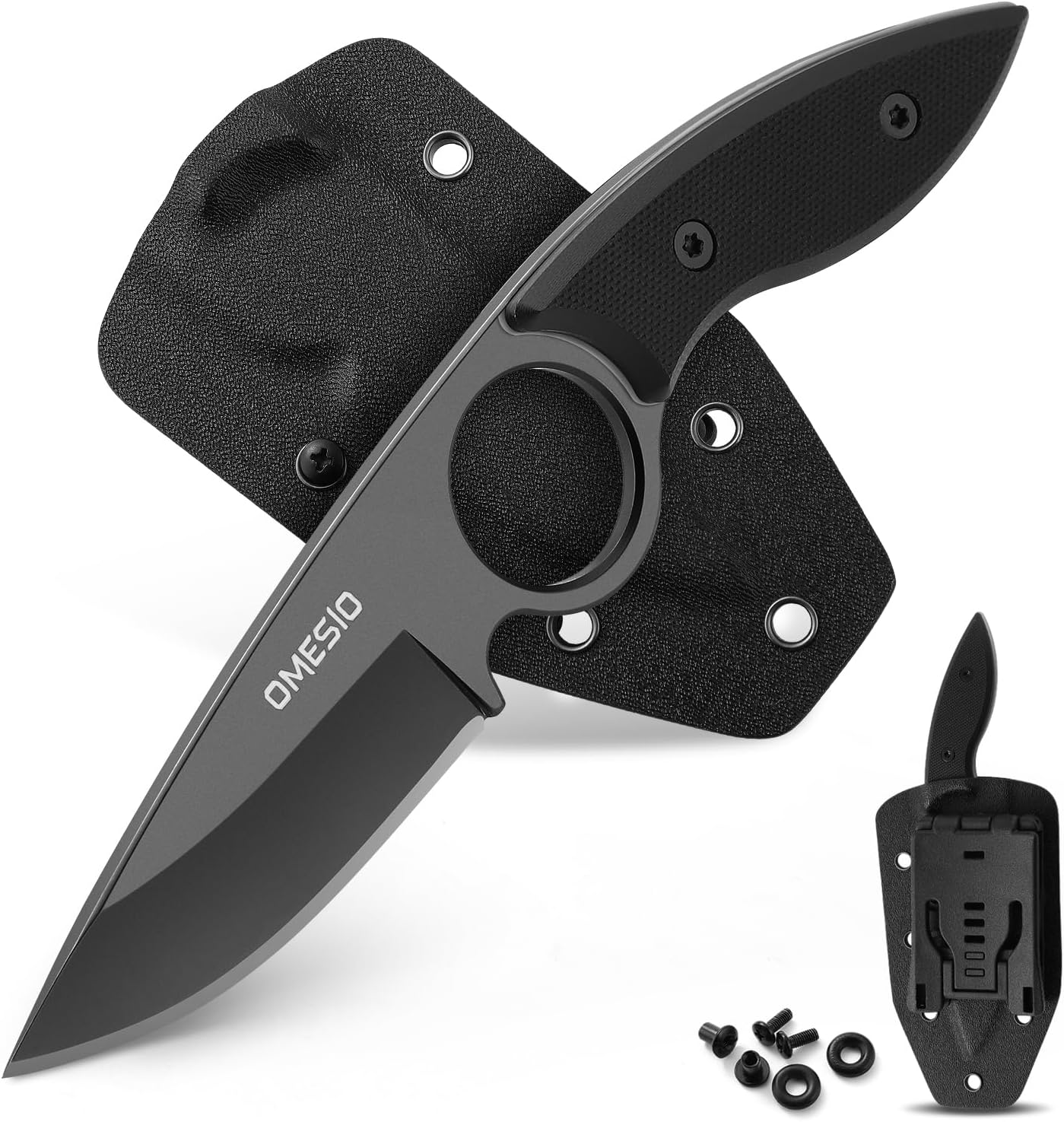 Omesio Small Fixed Blade Knife, 4.53" Full Tang 420 Steel, Black G10 Handle | Compact EDC Tactical Hunting Camping Neck Stainless Steel Knife with Kydex Sheath, Supports Horizontal Carrying, Gift for Men