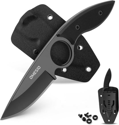 Omesio Small Fixed Blade Knife, 4.53" Full Tang 420 Steel, Black G10 Handle | Compact EDC Tactical Hunting Camping Neck Stainless Steel Knife with Kydex Sheath, Supports Horizontal Carrying, Gift for Men