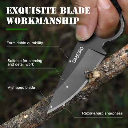 Omesio Small Fixed Blade Knife, 4.53" Full Tang 420 Steel, Black G10 Handle | Compact EDC Tactical Hunting Camping Neck Stainless Steel Knife with Kydex Sheath, Supports Horizontal Carrying, Gift for Men