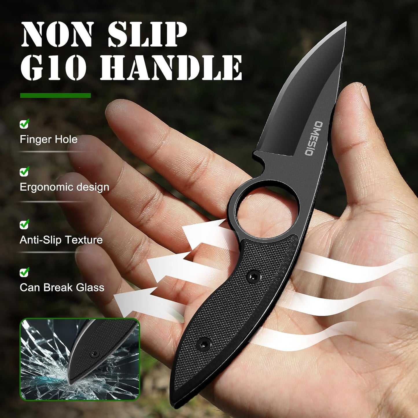 Omesio Small Fixed Blade Knife, 4.53" Full Tang 420 Steel, Black G10 Handle | Compact EDC Tactical Hunting Camping Neck Stainless Steel Knife with Kydex Sheath, Supports Horizontal Carrying, Gift for Men
