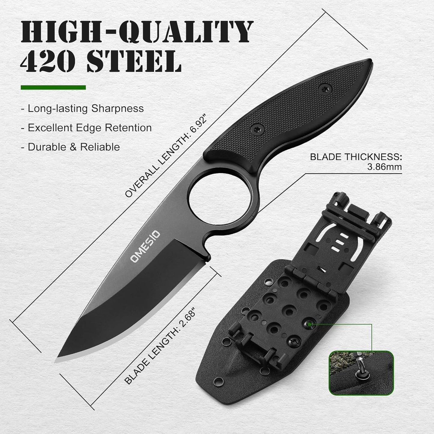 Omesio Small Fixed Blade Knife, 4.53" Full Tang 420 Steel, Black G10 Handle | Compact EDC Tactical Hunting Camping Neck Stainless Steel Knife with Kydex Sheath, Supports Horizontal Carrying, Gift for Men