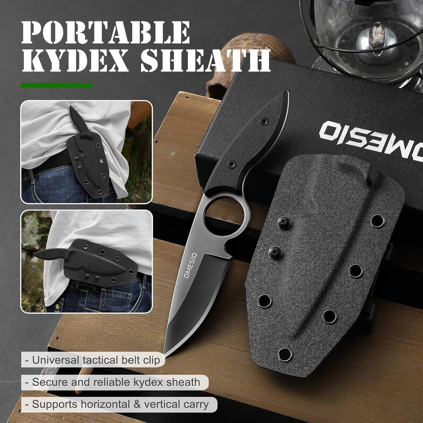 Omesio Small Fixed Blade Knife, 4.53" Full Tang 420 Steel, Black G10 Handle | Compact EDC Tactical Hunting Camping Neck Stainless Steel Knife with Kydex Sheath, Supports Horizontal Carrying, Gift for Men