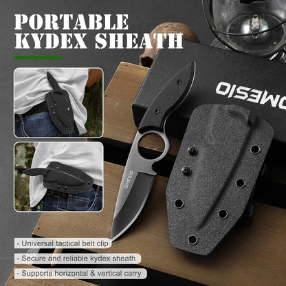 Omesio Small Fixed Blade Knife, 4.53" Full Tang 420 Steel, Black G10 Handle | Compact EDC Tactical Hunting Camping Neck Stainless Steel Knife with Kydex Sheath, Supports Horizontal Carrying, Gift for Men