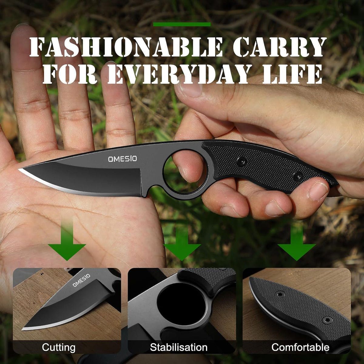 Omesio Small Fixed Blade Knife, 4.53" Full Tang 420 Steel, Black G10 Handle | Compact EDC Tactical Hunting Camping Neck Stainless Steel Knife with Kydex Sheath, Supports Horizontal Carrying, Gift for Men