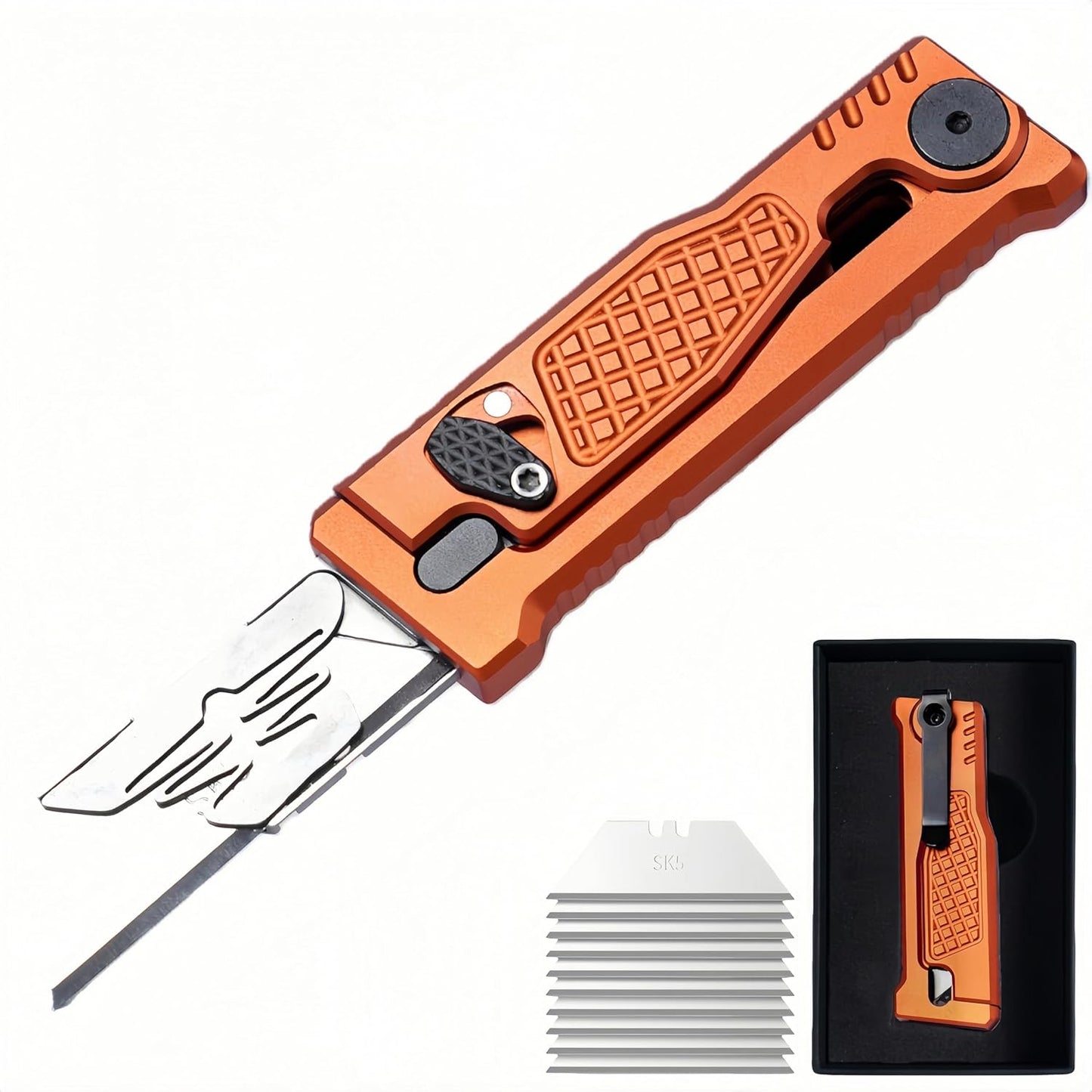 5.8" Aluminium Utility Knife, EDC Box Cutter with Clip, CNC Unibody, Lightweight All Metal Folding Box Cutter, Ideal Gifts for Men Women, with 10 Extra Blades（Orange）