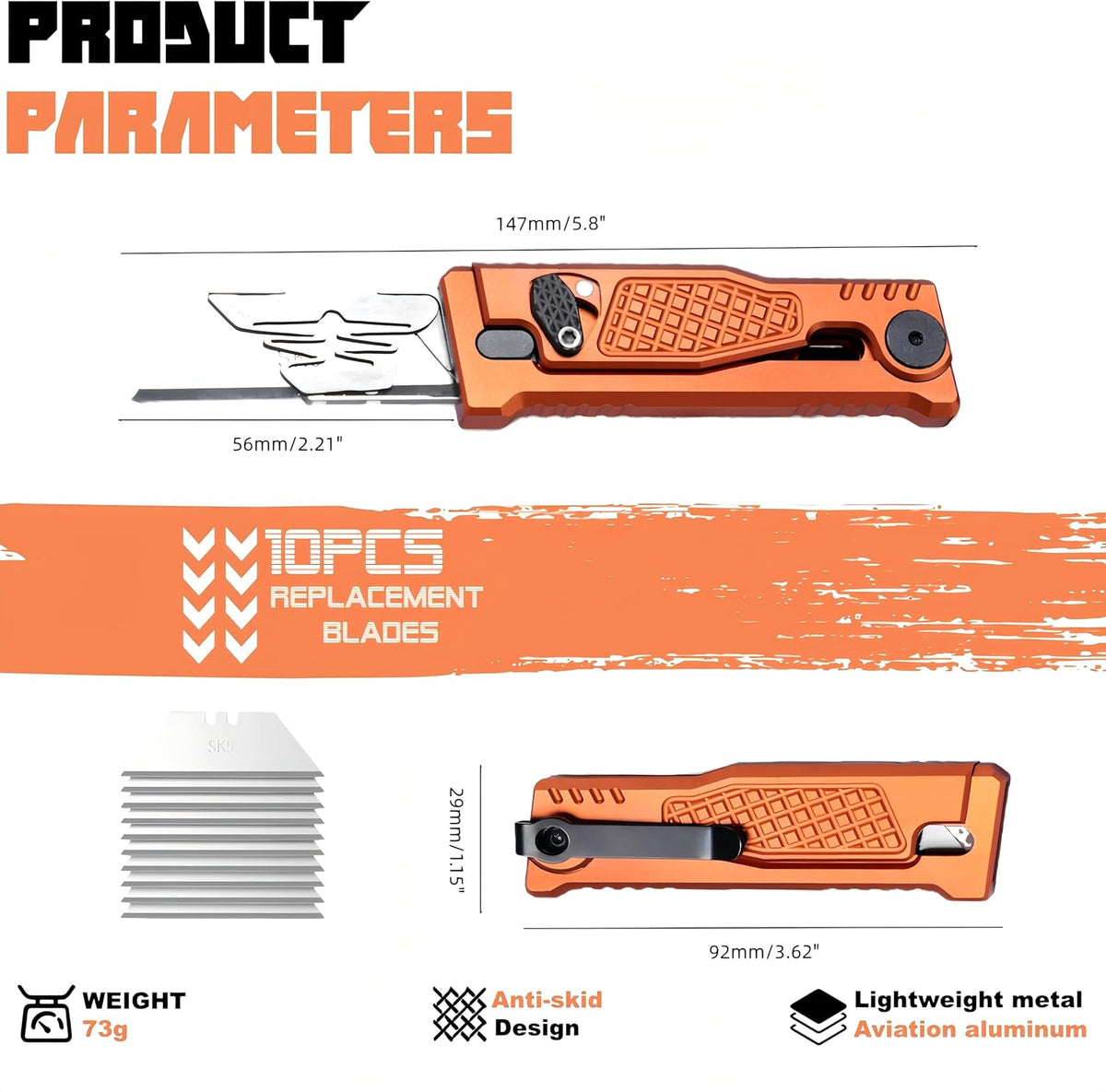 5.8" Aluminium Utility Knife, EDC Box Cutter with Clip, CNC Unibody, Lightweight All Metal Folding Box Cutter, Ideal Gifts for Men Women, with 10 Extra Blades（Orange）