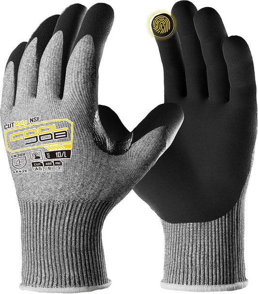 ANSI A5 Cut Resistant Gloves - 1/3/12 Pairs, Nitrile Rubber Dipped Safety Work Gloves for Men, Knife Proof with Grip Coating for Construction Warehouse Glass Wood Work, Grey Medium