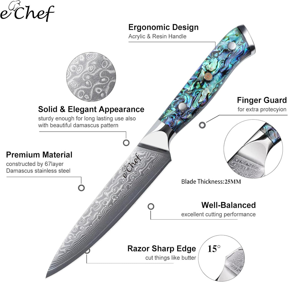 5-Inch Multifunctional Knife, 67-Layer Damascus VG-10 Steel, Abalone Handle, Sharp Knife for Fruits & Vegetables, Gift Box(5-inch utility knife)