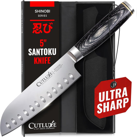 Santoku Knife, 5" Japanese Meat & Vegetable Knife for Chopping | Ultra Sharp High Carbon Stainless Steel, Full Tang Pakkawood Handle – Shinobi Series