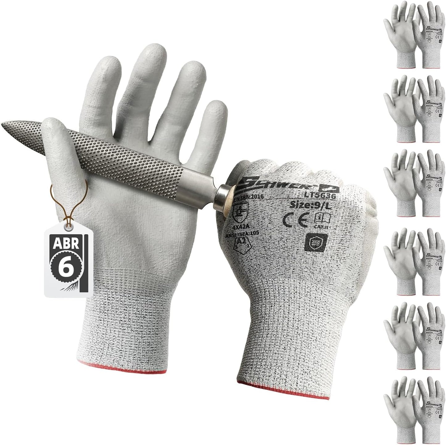 6 Pairs A2 Cut Resistant Work Gloves, Ultra Durable, LT5636, L | Certified to Level 6 Abrasion, Enhanced Safety, Strong Grip, 3D-Comfort, Breathable, Flexible, Construction, Garden, Mechanic