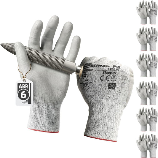 6 Pairs A2 Cut Resistant Work Gloves, Ultra Durable, LT5636, L | Certified to Level 6 Abrasion, Enhanced Safety, Strong Grip, 3D-Comfort, Breathable, Flexible, Construction, Garden, Mechanic