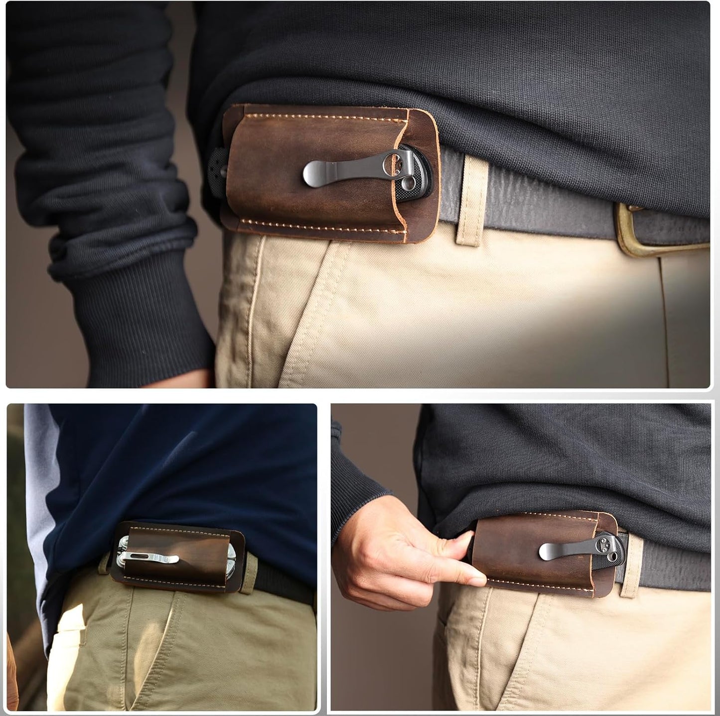 Leather Knife Sheath, Handmade Knife Holster, Horizontal Carry Leather Sheath for Belt, EDC Pocket Organizer for Men,Size S,Darkbrown