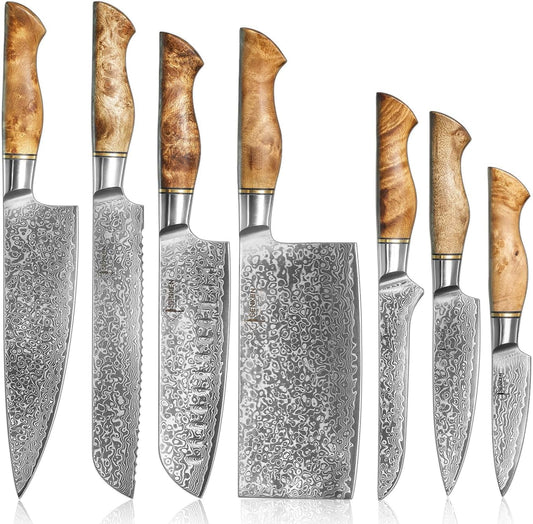 SENKEN 7-Piece Damascus Kitchen Knife Set - Dynasty Collection - 67-Layer Japanese VG10 Steel with Sycamore Wood Handles, Chef's Knife, Cleaver, Bread, Santoku, Boning, & More