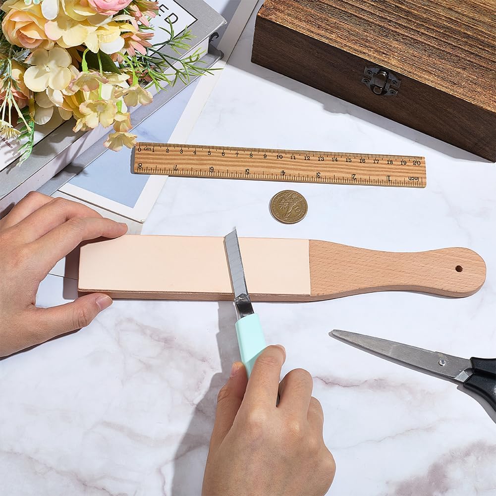 11.06 x 1.69 Inch Double-Sided Beech Wood Leather Strop for Knife Sharpening Small Leather Honing Stropping Sharpener with Ergonomic Handle Block Polishing Woodcarving Tool for Handwork