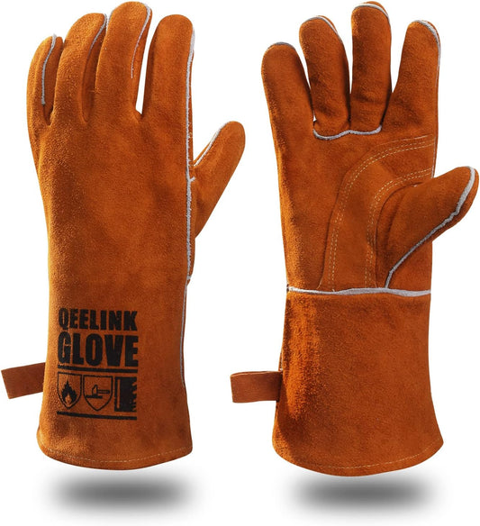 Welding Gloves - Heat Resistant Leather and Fireproof Stitching for Fireplace Fire Pit Wood Stove BBQ Gardening Gear