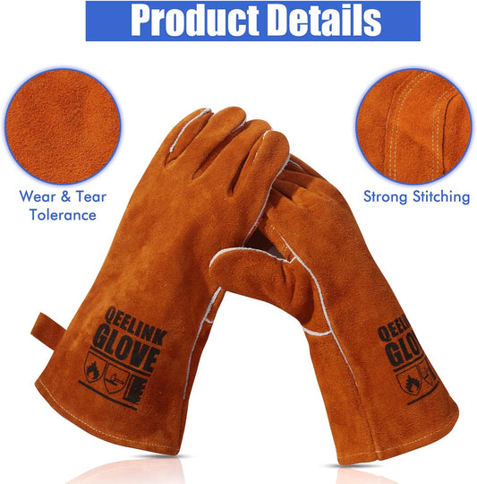 Welding Gloves - Heat Resistant Leather and Fireproof Stitching for Fireplace Fire Pit Wood Stove BBQ Gardening Gear