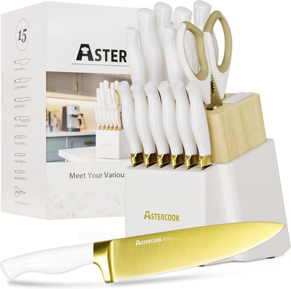 15 Pieces Knife Set, Healthy Gold Titanium Coating Kitchen Knife Sets, Full Tang Knives Set with Block and Built-in Sharpener, German Stainless Steel Knife Block Set Dishwasher Safe Gold
