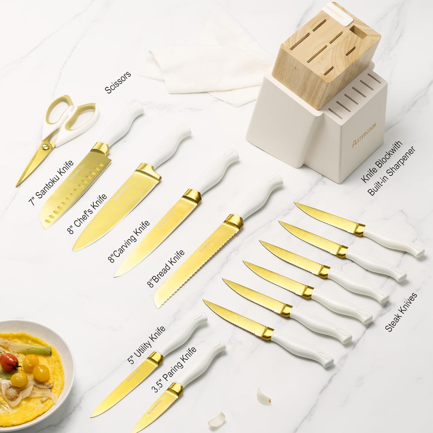 15 Pieces Knife Set, Healthy Gold Titanium Coating Kitchen Knife Sets, Full Tang Knives Set with Block and Built-in Sharpener, German Stainless Steel Knife Block Set Dishwasher Safe Gold