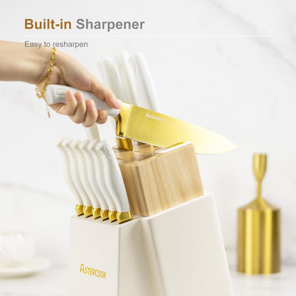 15 Pieces Knife Set, Healthy Gold Titanium Coating Kitchen Knife Sets, Full Tang Knives Set with Block and Built-in Sharpener, German Stainless Steel Knife Block Set Dishwasher Safe Gold