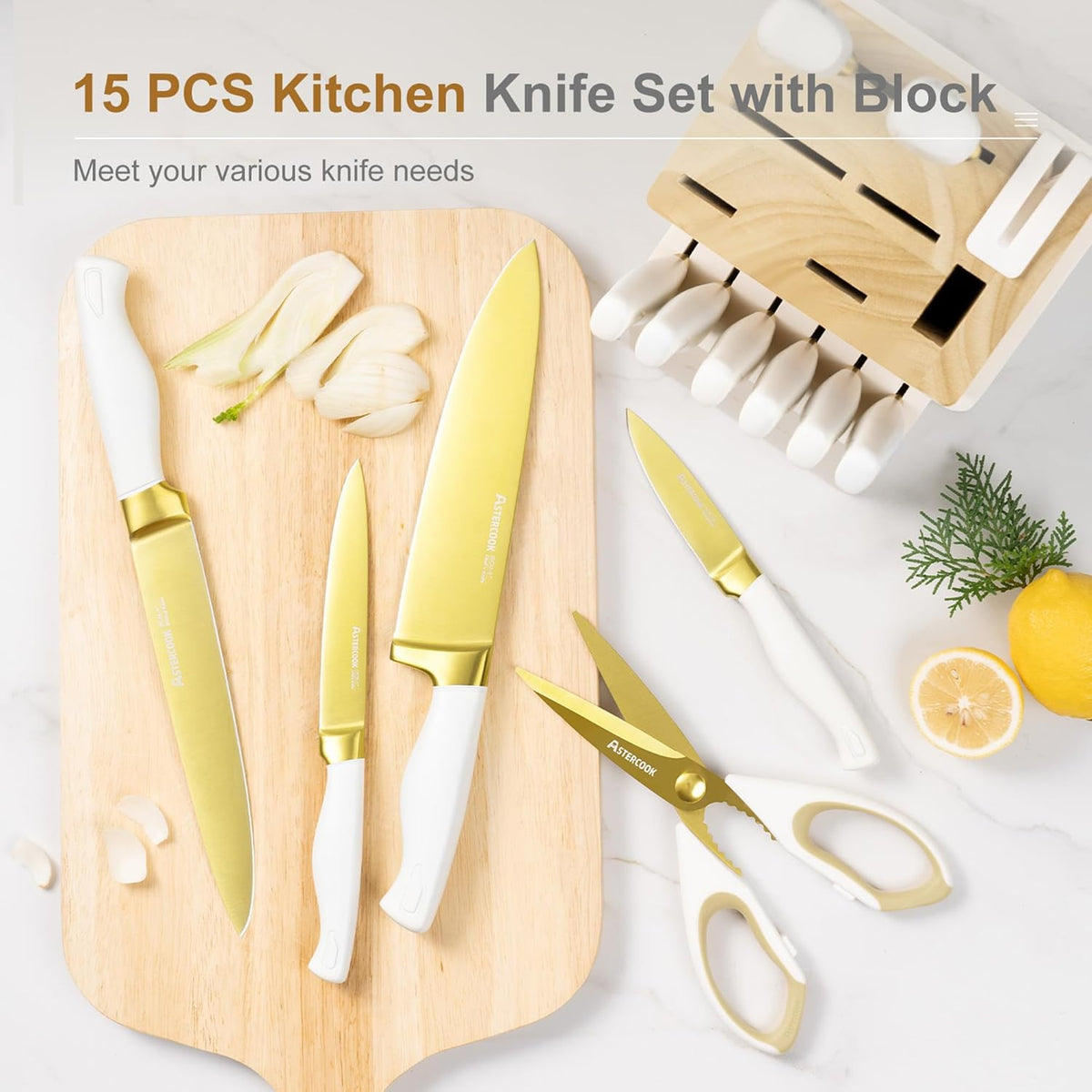 15 Pieces Knife Set, Healthy Gold Titanium Coating Kitchen Knife Sets, Full Tang Knives Set with Block and Built-in Sharpener, German Stainless Steel Knife Block Set Dishwasher Safe Gold