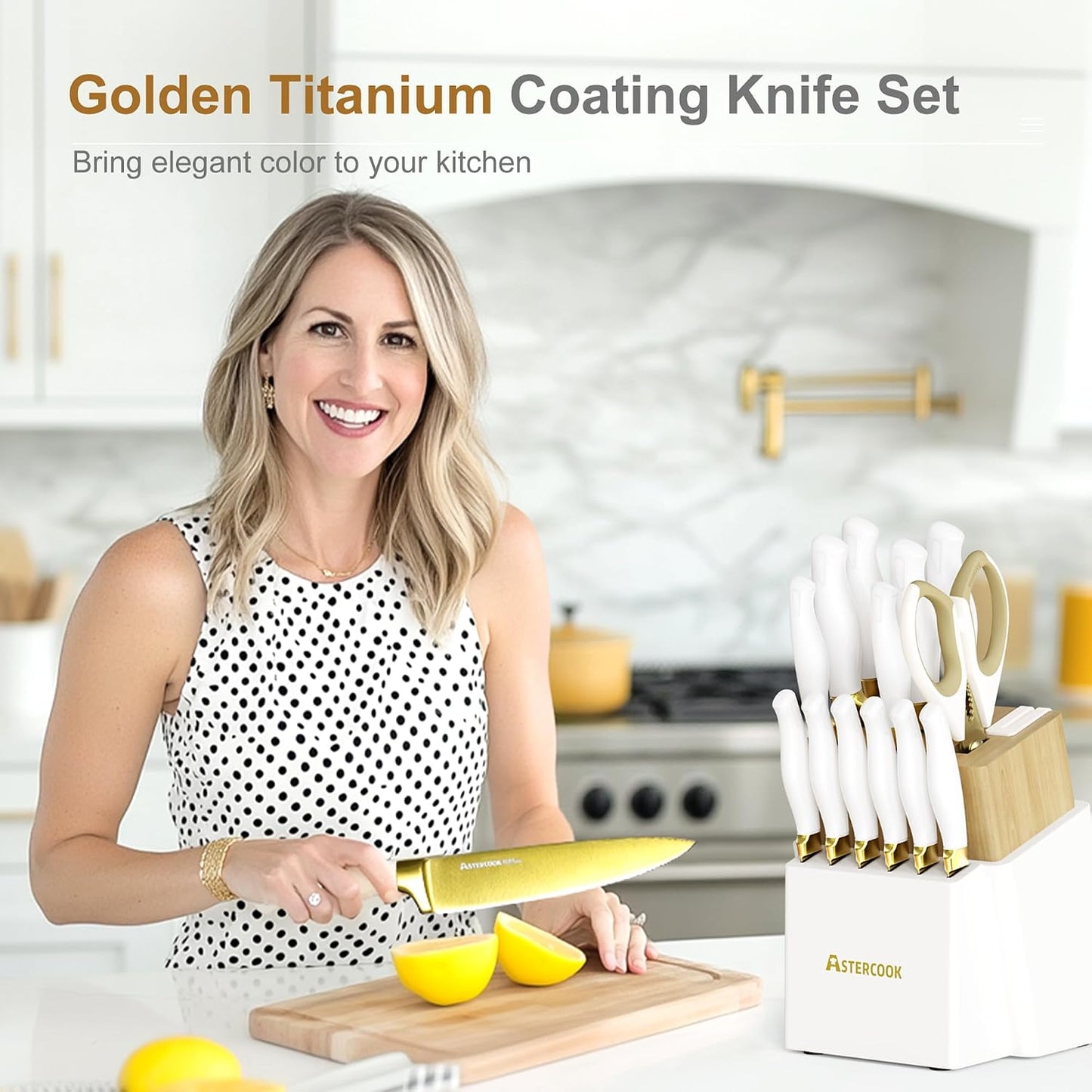 15 Pieces Knife Set, Healthy Gold Titanium Coating Kitchen Knife Sets, Full Tang Knives Set with Block and Built-in Sharpener, German Stainless Steel Knife Block Set Dishwasher Safe Gold
