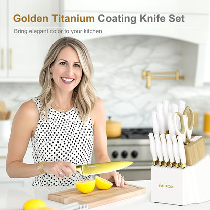 15 Pieces Knife Set, Healthy Gold Titanium Coating Kitchen Knife Sets, Full Tang Knives Set with Block and Built-in Sharpener, German Stainless Steel Knife Block Set Dishwasher Safe Gold
